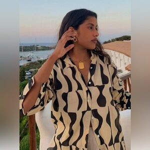 Massimo Dutti Black/ Green and Cream Abstract Casual Linen  Shirt